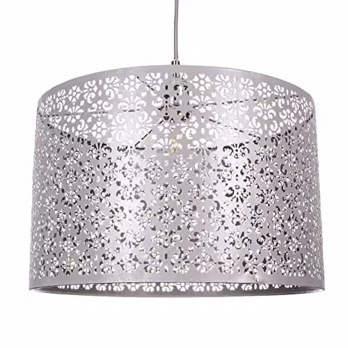 Happy Homewares Moroccan Designed Metal Circular Pendant Light Shade in Matt Grey, Diameter: 40 cm