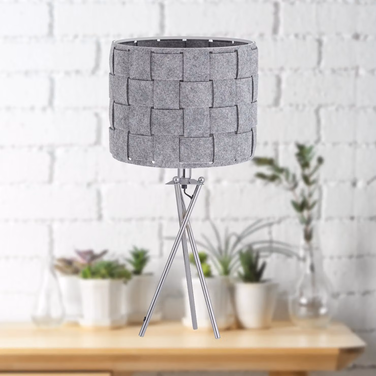 First Choice Lighting Warner Set of 2 Chrome Tripod Table Lamps with Grey Fabric Cylinder Shades – 2