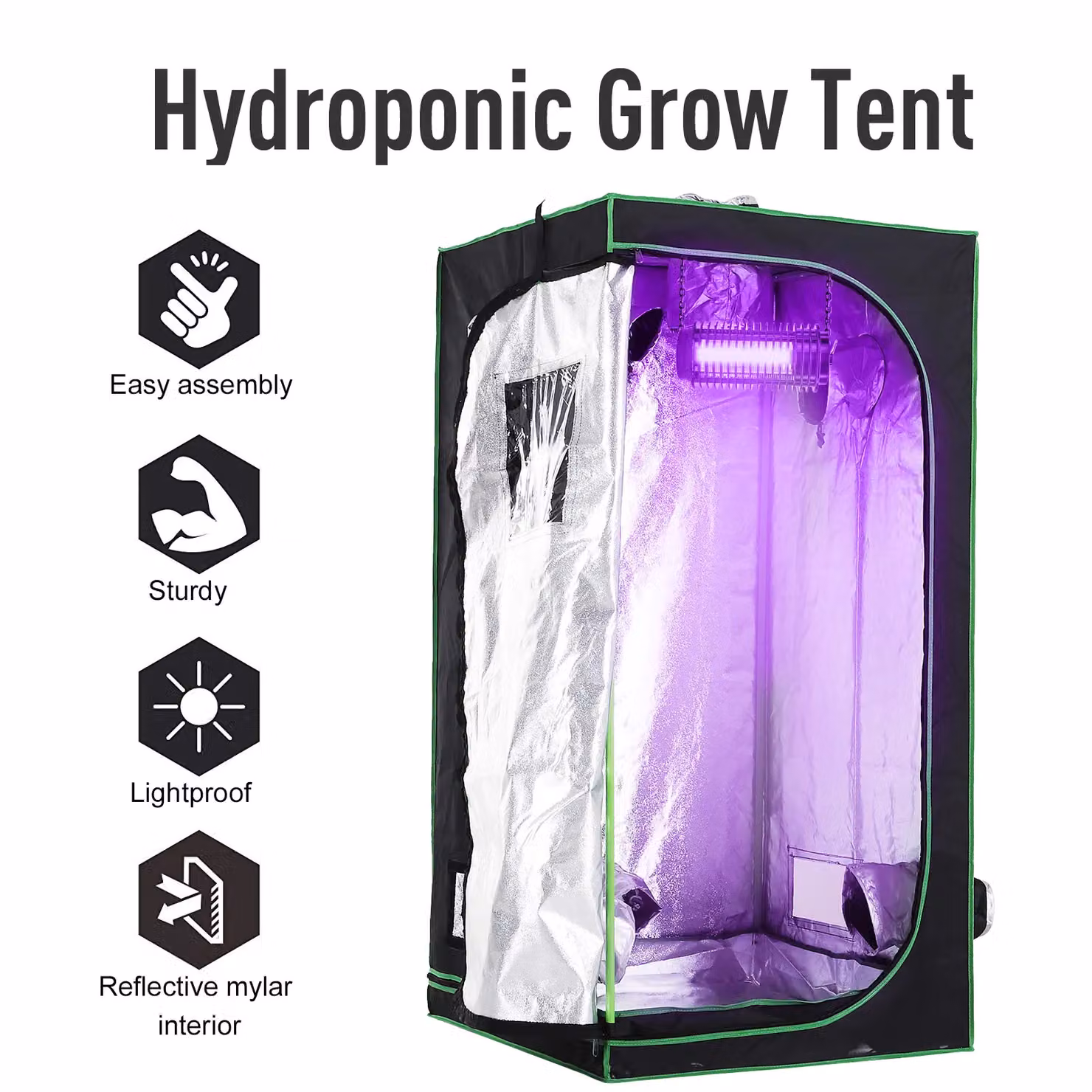 OUTSUNNY Mylar Hydroponic Grow Tent with Floor Tray for Indoor Plants, Jet Black, W/D/H: 60 x 60 x 140 cm – 4