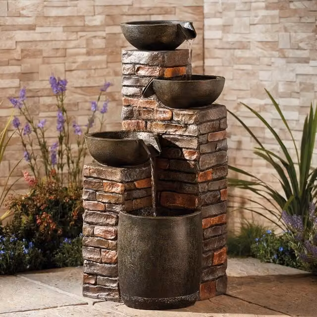 Serenity Brown Brickwork Pouring Bowls Cascade Water Feature with LED Lighting