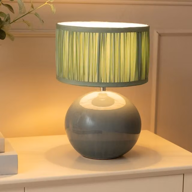 Bosco Eucalyptus Ceramic Table Lamp with Ruched Pleated Fabric Drum Shade in Green