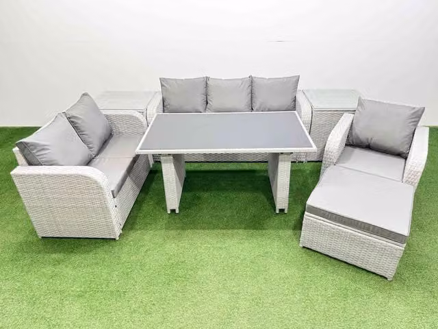 Fimous 7 Seater Rattan Outdoor Sofa Set with 2 Side Tables and Stool in Light Grey