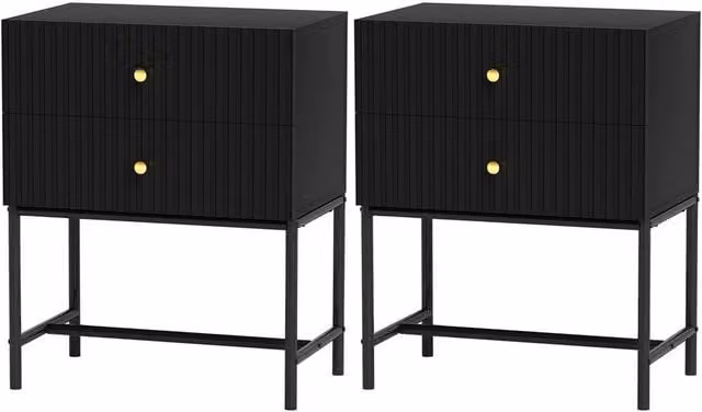 NESTLUNE Modern Bedside Table Set of 2 with 2 Drawers in Black and Gold – 1
