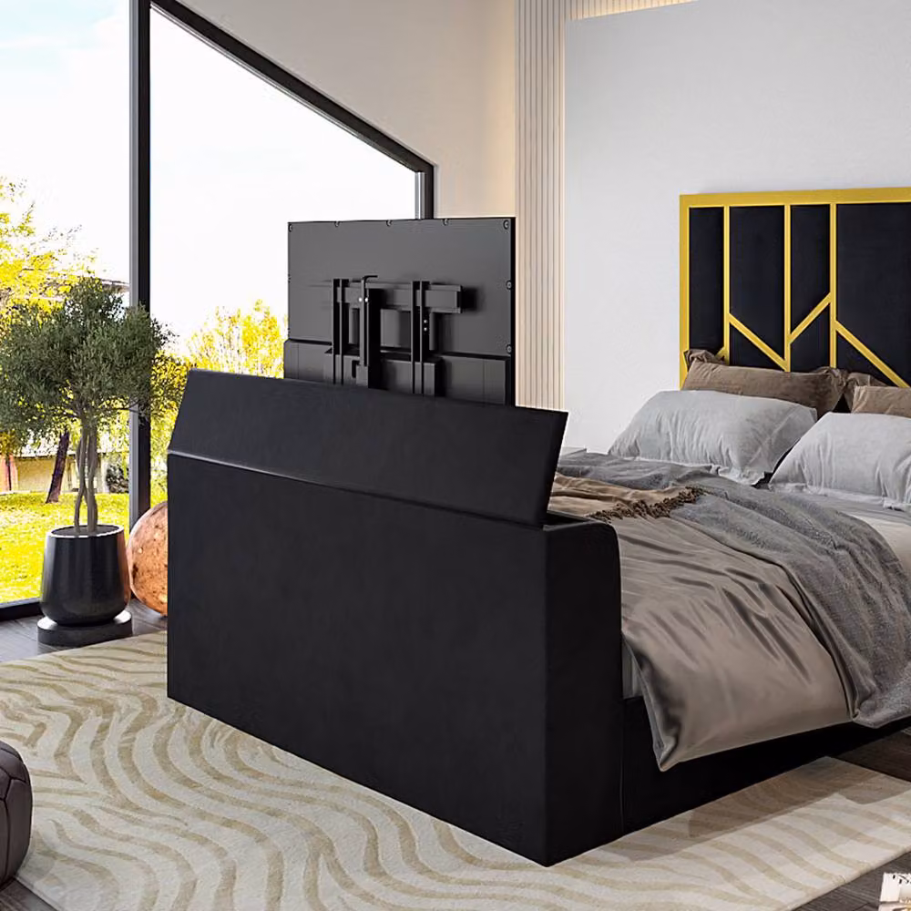 KDMD Aldfield Luxe Double Upholstered Television Bed Frame in Gold and Black Velvet – 3