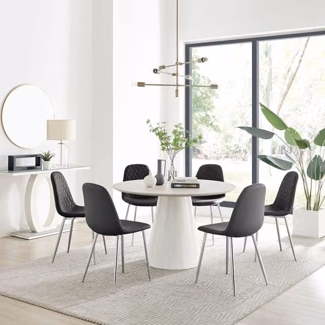 Furniturebox Palma Beige Stone Effect Round Dining Table and 6 Corona Silver Chairs in Black