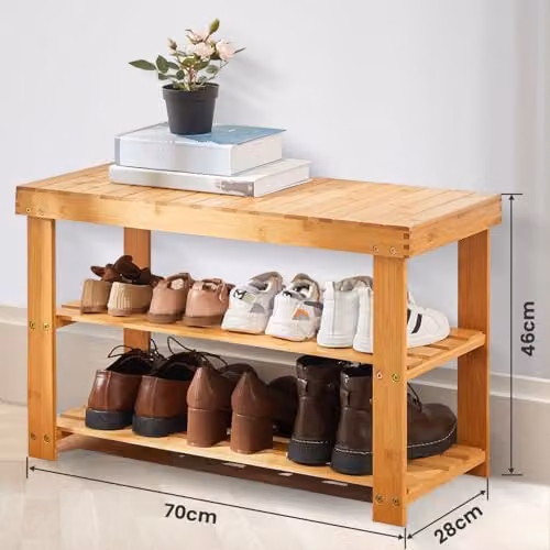 MANTRARAJ Bamboo 3-Tier Shoe Bench and Organiser in Brown, W/D/H: 70 x 28 x 46 cm – 2