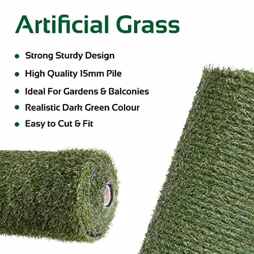 GardenKraft Artificial Grass Roll, 15 mm High-Density Dark Green Two-Tone Pile, UV-Stabilised, W: 1 m, L: 4 m – 3