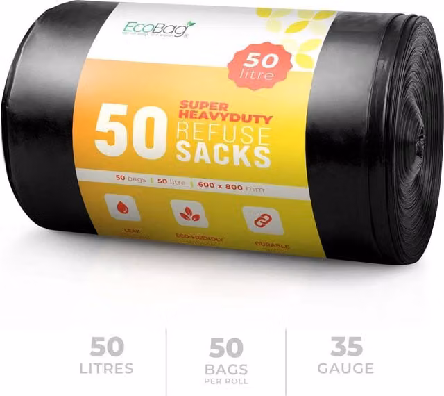 Ecobag Heavy Duty Black Plastic Refuse Sacks, 50L, 50 Pack