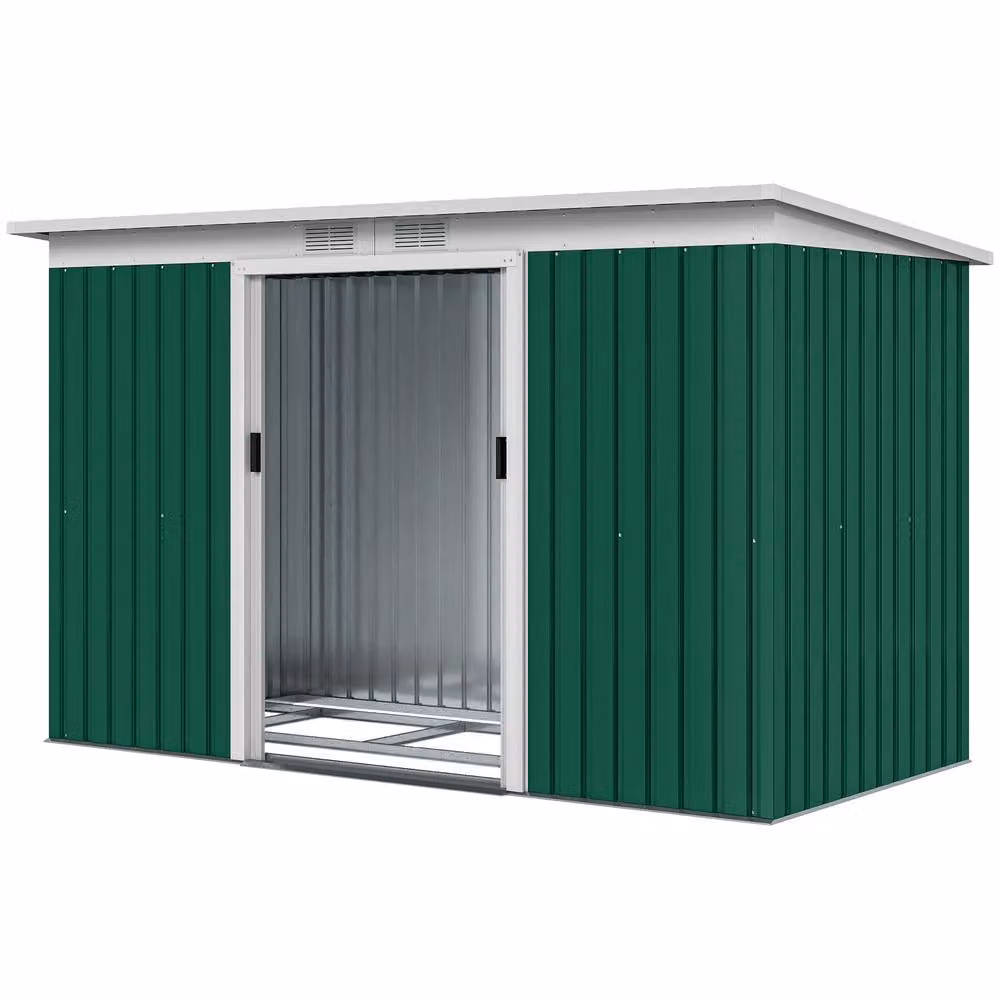 Rolipo Metal Pent Garden Shed with Foundation Kit and Window, Green, W: 274.3 cm, D: 121.9 cm, H: 183.0 cm – 2