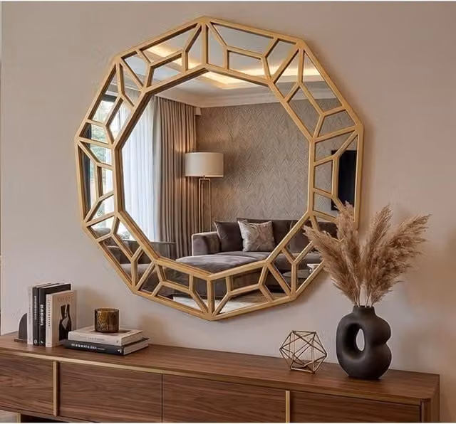 Biznest Decagonal Geometric Framed Wall Mirror in Gold, W/D/H: 61 x 57.8 x 2 cm
