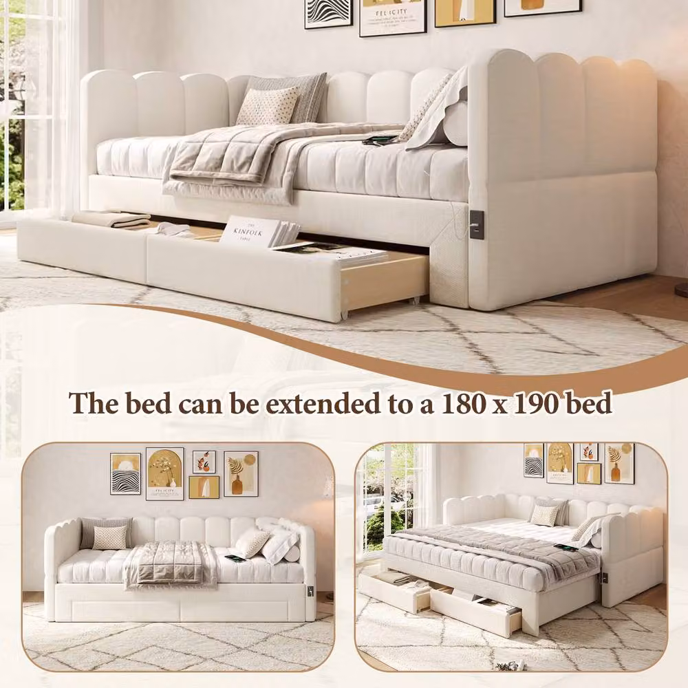 BTM Modern Upholstered Single Sofa Bed in Beige with 2 Storage Drawers and USB Charging Port, W/D/H: 90 x 190 cm – 2