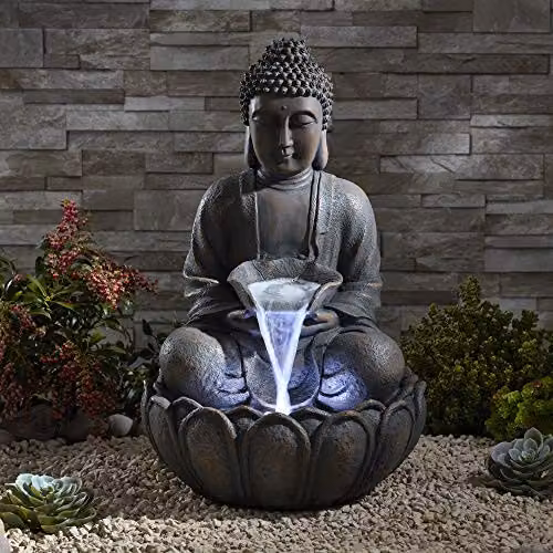 Clifford James Serenity Bronze Sitting Buddha Water Feature with LED Light, Brown Polyresin Cascade, Height: 55 cm – 2