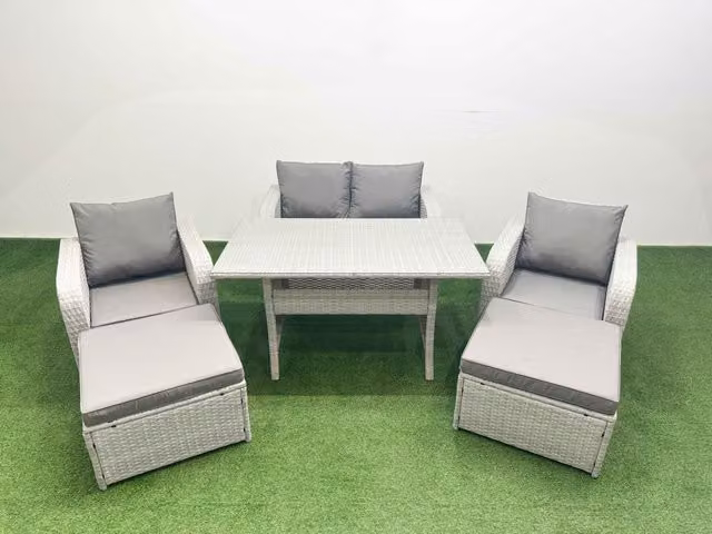 Fimous 6 Seater Light Grey PE Wicker Rattan Garden Furniture Set with Rectangular Glass Dining Table, Sofa, Reclining Chairs and 2 Stools