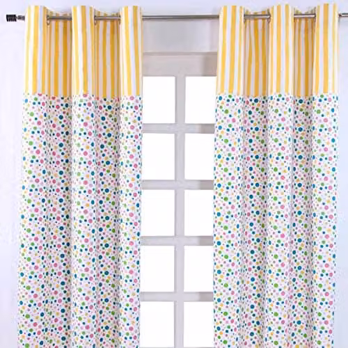 HOMESCAPES Polka Dot Unlined Eyelet Curtain Pair in Blue, Yellow and White, Width: 137 cm, Drop: 182 cm