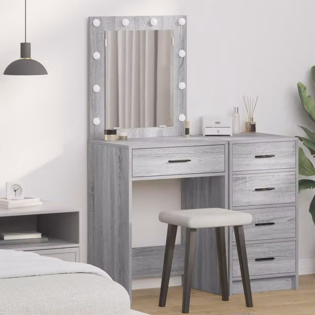 Berkfield Home Modern Dressing Table with Hollywood LED Lights in Grey Sonoma, W/D/H: 50 x 41 x 135 cm