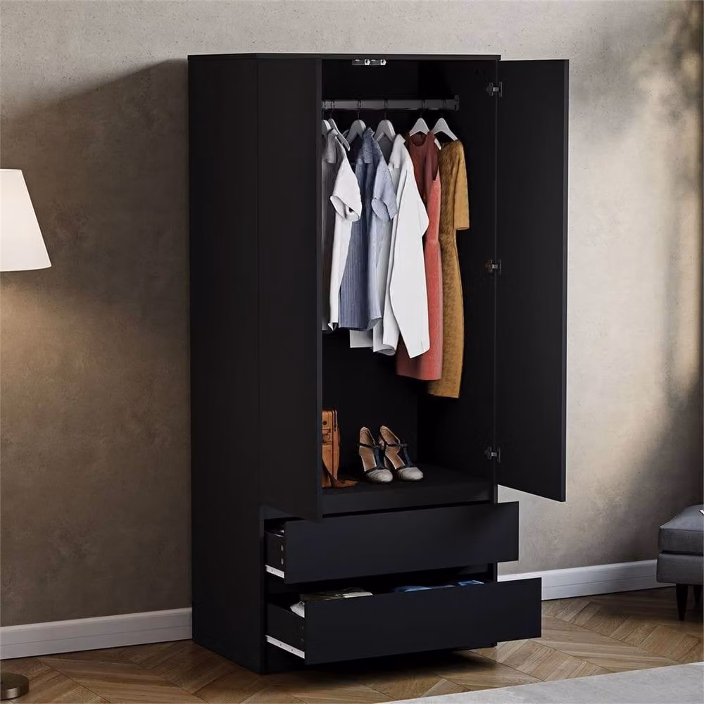 FORGEVIO Modern Black Matt 2 Door 2 Drawer Wardrobe with Integrated Drawers and Hanging Rod – 3