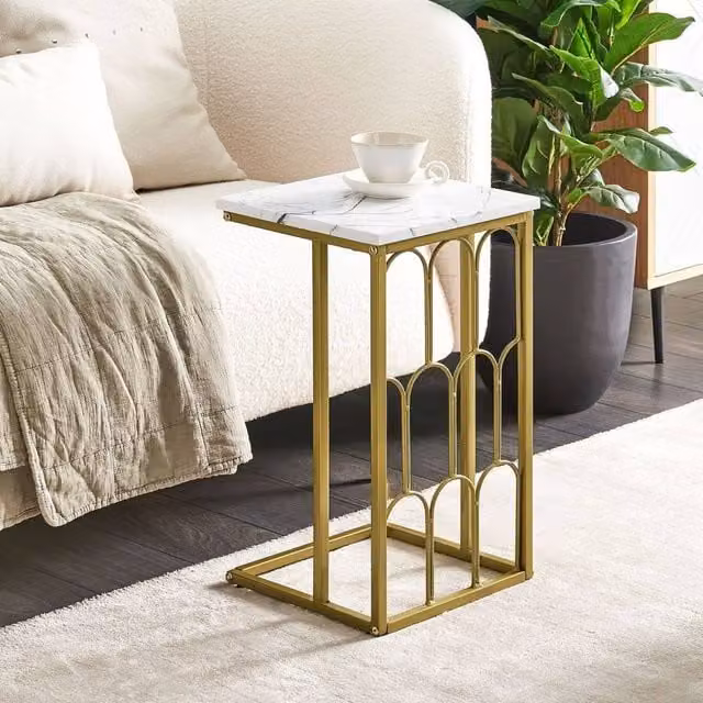 Wyld and Coco Luxe Living Side Table with White Marble Effect Top and Gold Iron Frame, W/D/H: 30 x 30 x 54 cm – 1