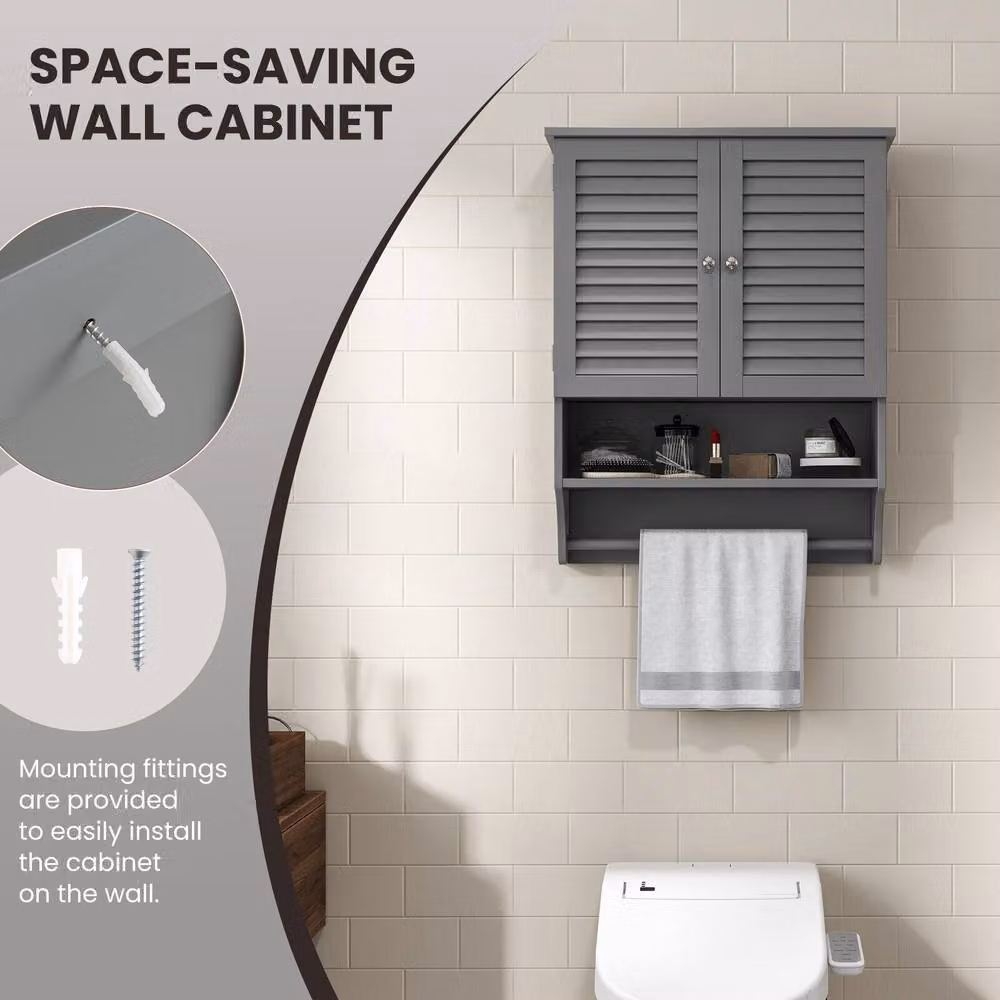 Costway Grey Wall Mounted Wooden Bathroom and Kitchen Medicine Cabinet with 2 Hinged Doors and Internal Shelves – 6