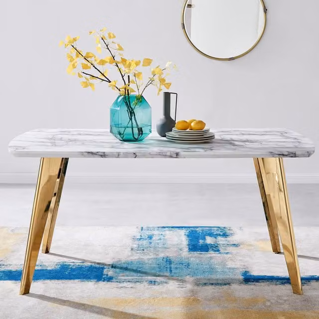 FurnitureboxUK Andria White Marble Effect Rectangular 6-Seater Dining Table with Gold Metal Legs