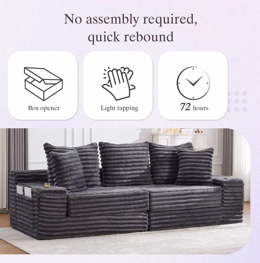 STILVORA Grey Corduroy Click-Clack Sofa Bed with Cup Holders and Scatter Cushions – 3