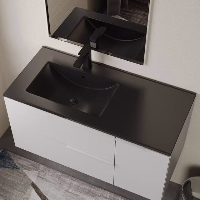Banyetti Lira Ceramic Offset Basin Sink, Matt Black, W: 100 cm, D: 46.5 cm, H: 17 cm – 1