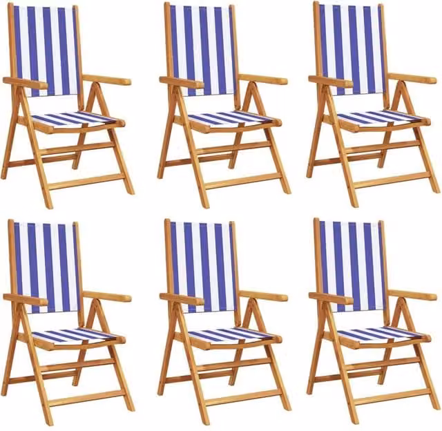 Berkfield Home Set of 6 Reclining Maritime Striped Garden Chairs in Blue and White Fabric with Acacia Wood Frames