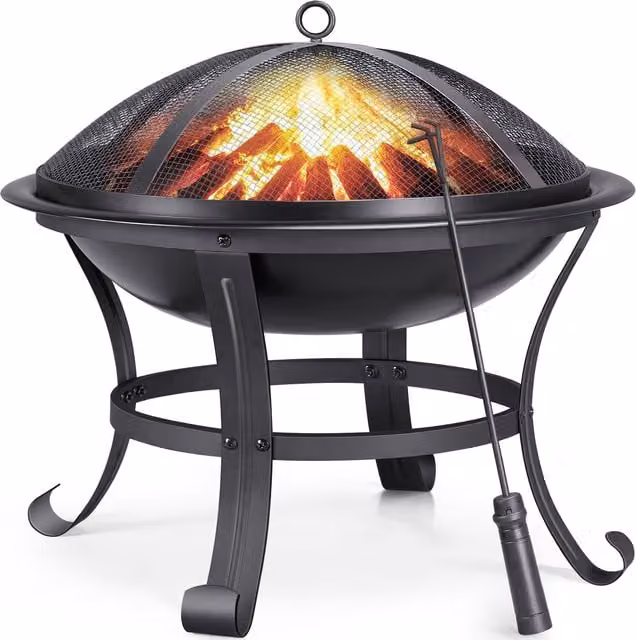 Yaheetech Black Metal Outdoor Round Fire Pit with Poker and Cover