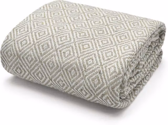 Velosso Woven Cotton Ethnic Geometric Throw with Fringes in Beige and Yellow, W/D/H: 127 x 152 cm