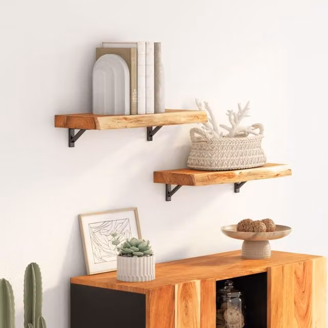 Berkfield Home Rectangular Acacia Solid Wood Wall Shelf with Live Edge, Brown, W: 40 cm, D: 20 cm, H: 3.8 cm – 1