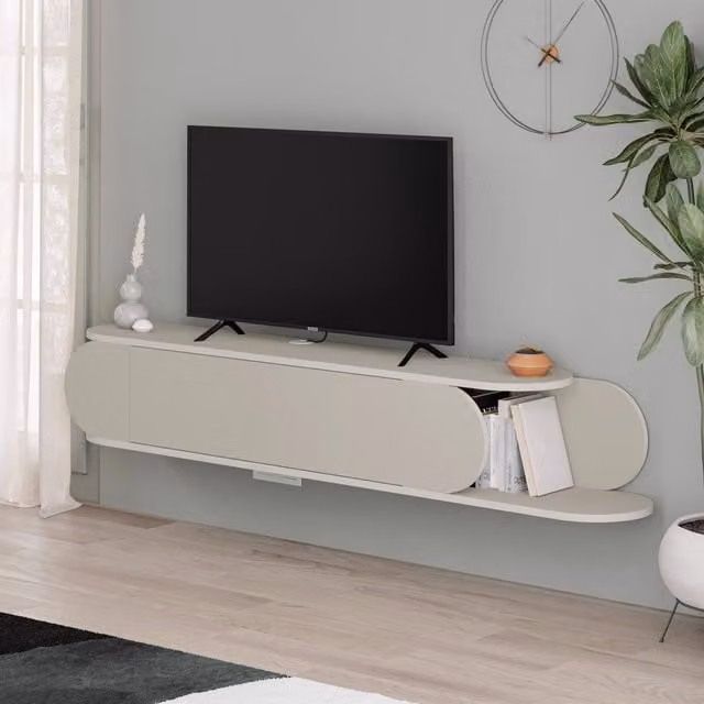 FWStyle Sandstone Wall-Mounted TV Unit in Brown with Push-To-Open Door and Open Side Shelves, W: 180 cm, H: 30 cm, D: 30 cm – 1