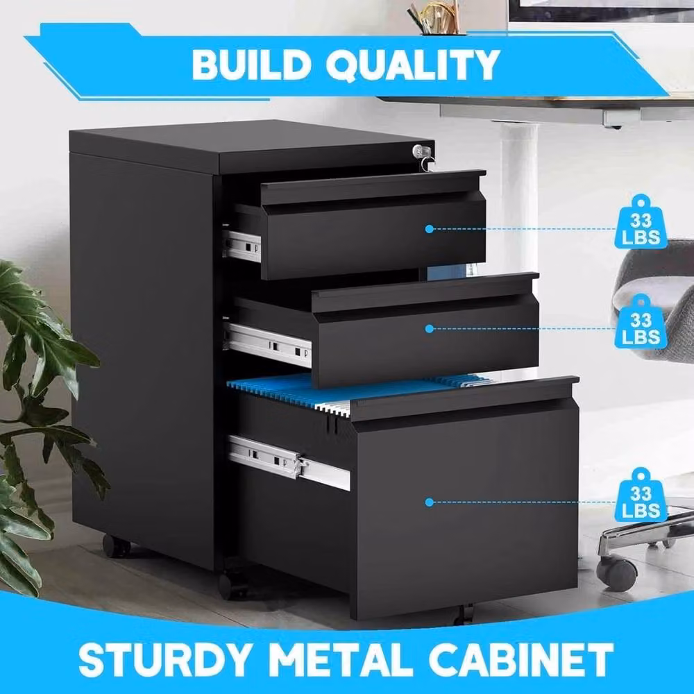 VOGREX 3 Drawer Lockable Mobile Under Desk Filing Cabinet in Black – 3