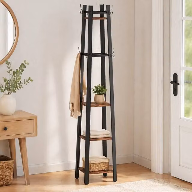STILVORA Industrial Post Tree Coat Stand with 8 Hooks and 4 Shelves in Brown and Black Metal – 1