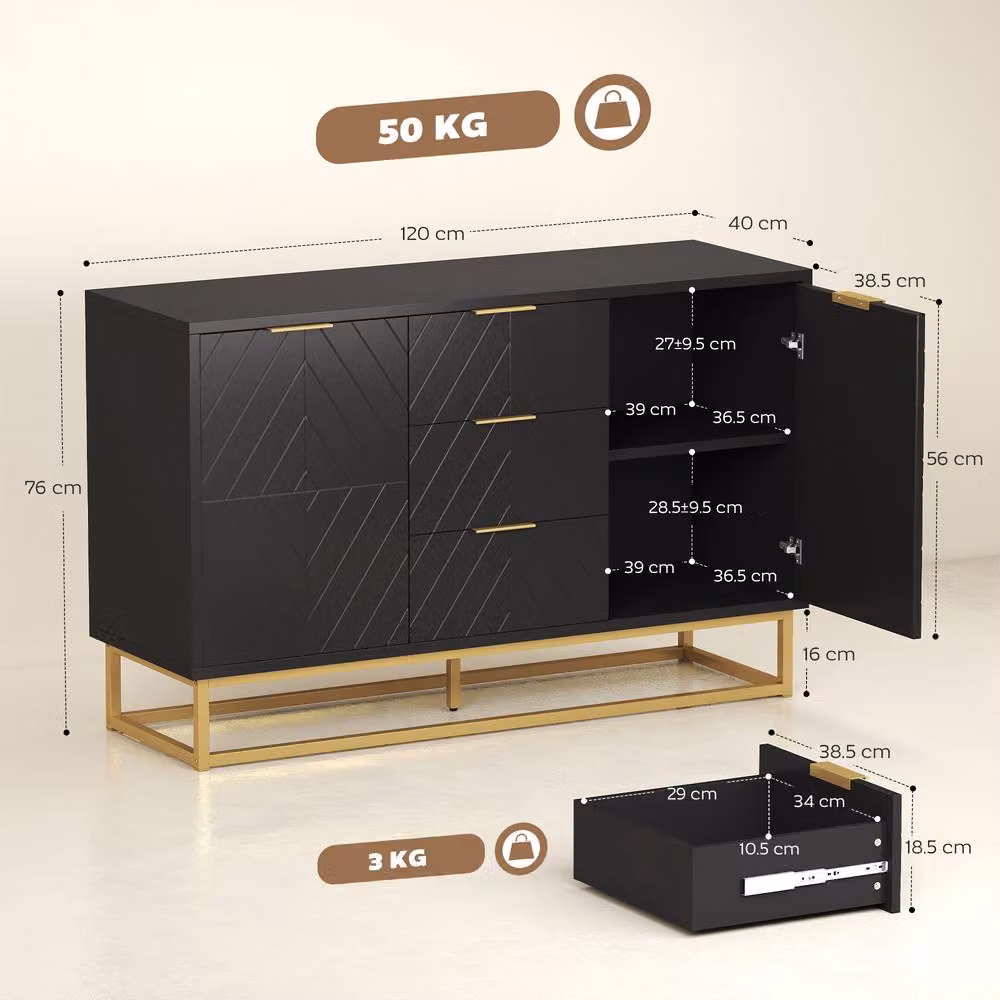 HOMCOM Modern Sideboard Storage Cabinet with Adjustable Shelves in Black and Gold – 3
