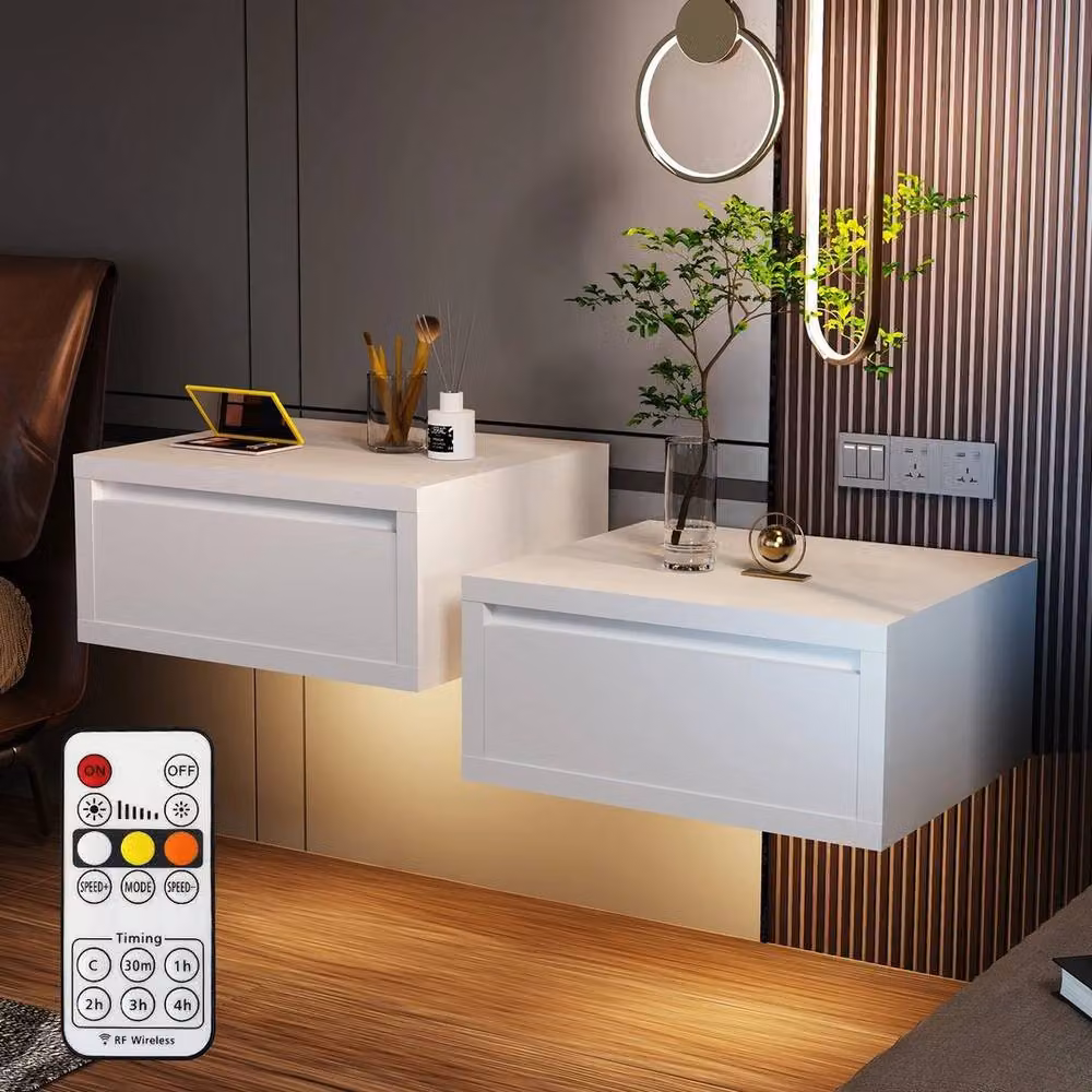 EONLION Wall Mounted Bedside Cabinet Table in White with Integrated Lighting, Width: 100 cm – 5