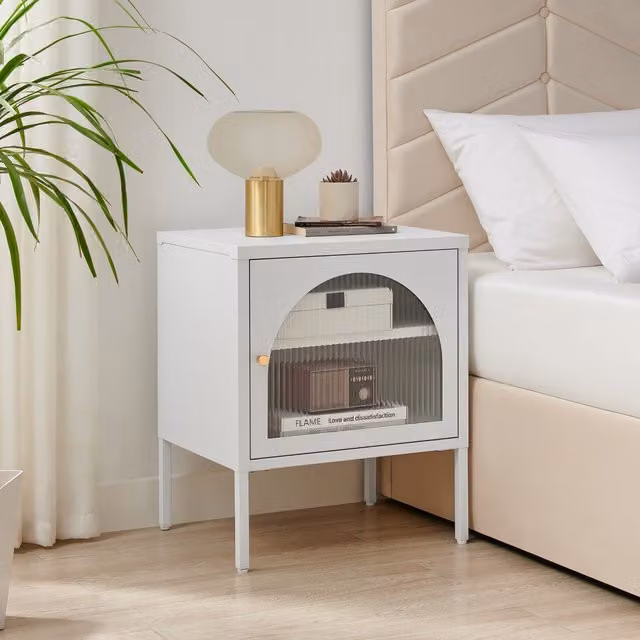 FurnitureboxUK Urbi Modern Industrial Metal and Glass Bedside Table in White and Gold
