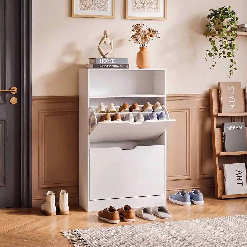 KORVIXA Modern White Shoe Cabinet with Tilting Compartments and Open Shelf – 3