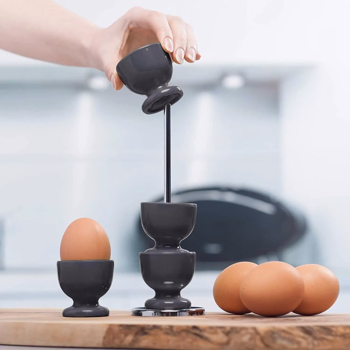 Zeal Stack and Store Egg Cup Set of 4 in Dark Grey with Chrome Stand – 3