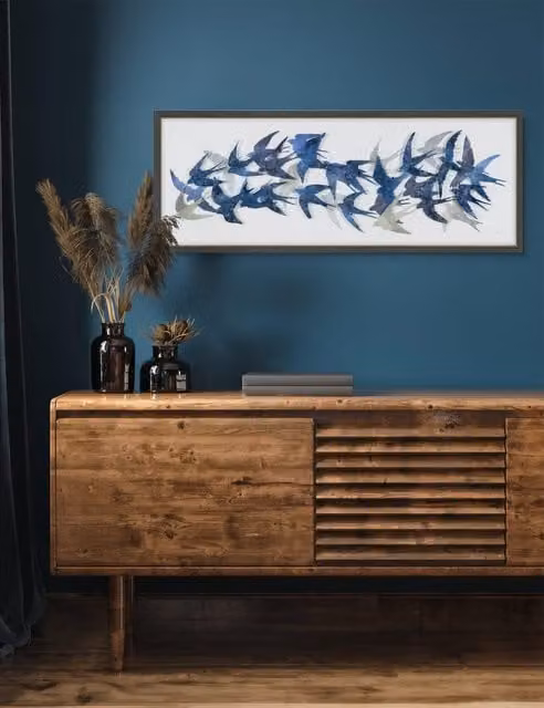Gallery Direct Flock Together Birds Blue Rectangular Framed Wall Art Illustration