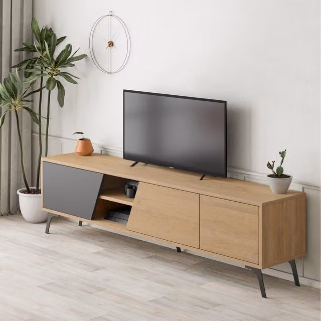 Decortie Modern TV Stand with Media Compartments and Cable Management in Anthracite, Black and Brown