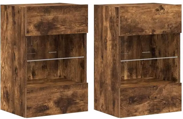 Berkfield Home Set of 2 Modern Wall Mounted TV Cabinets with Integrated LED Lighting in Smoked Oak Brown, W/D/H: 40 x 30 x 60.5 cm – 1