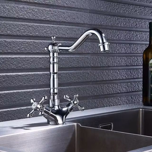 Nes Home Victorian Traditional Twin Cross Handle Kitchen Sink Mono Mixer Tap in Silver Chrome