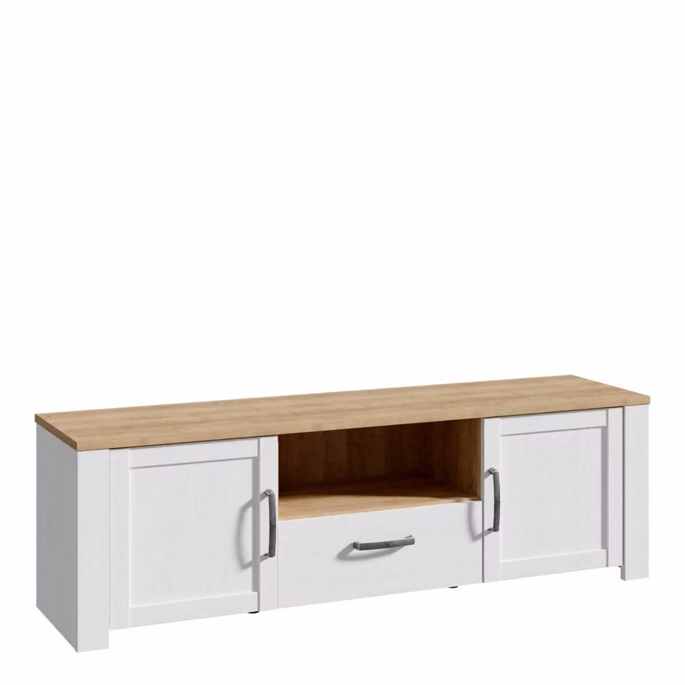 Wyld Haus Bramblecroft Modern TV Unit in White and Natural Oak with 2 Doors and 1 Drawer, W/D/H: 166.1 x 42.0 x 52.0 cm – 2