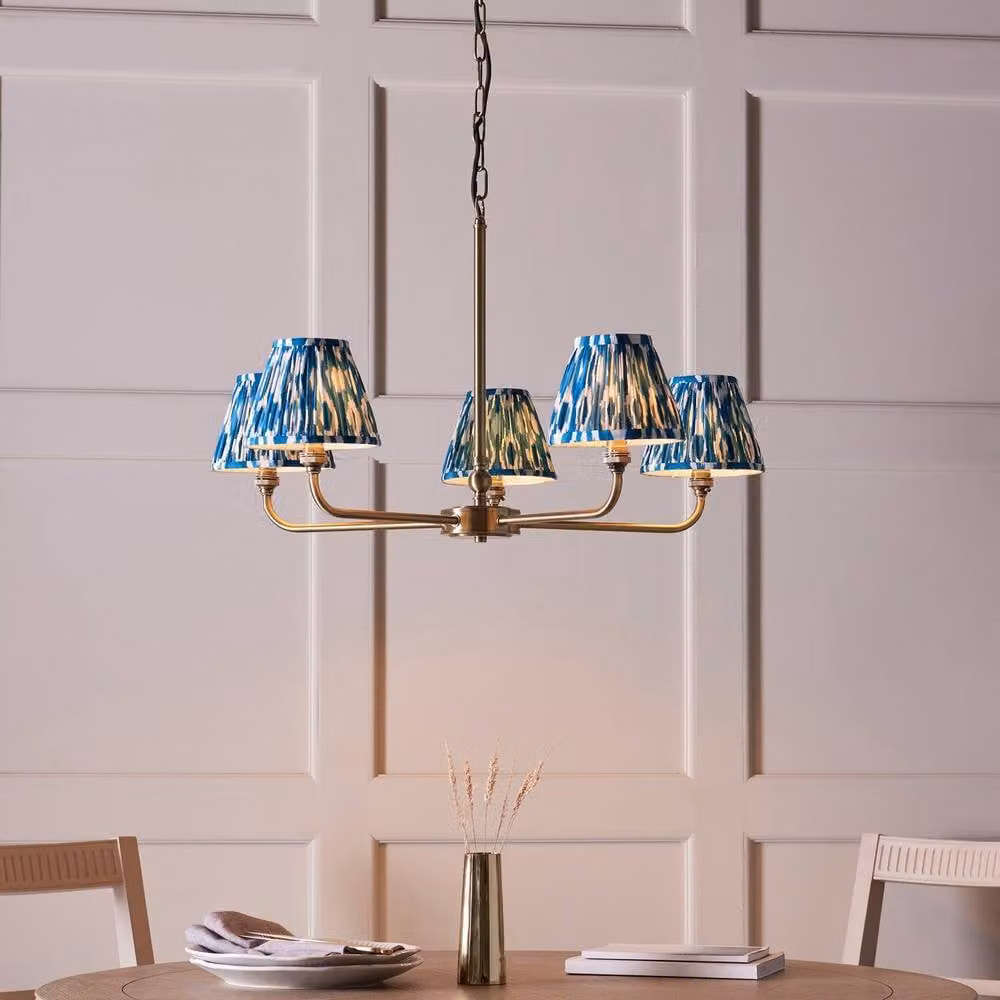 Netlighting Lille Blue Fabric Ikat Cone Pendant Light with Brass Plate, Diameter: 16 cm – 2