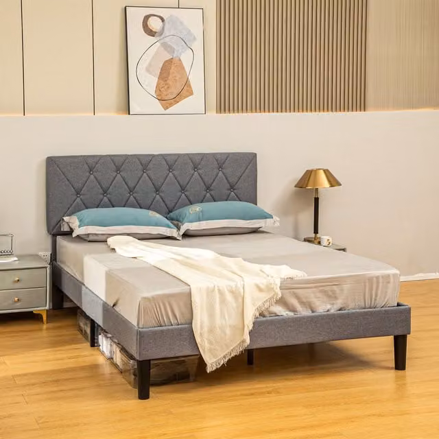 HOMCOM Modern Upholstered Linen Bed Frame with Headboard in Grey, W/D/H: 180 x 200 cm