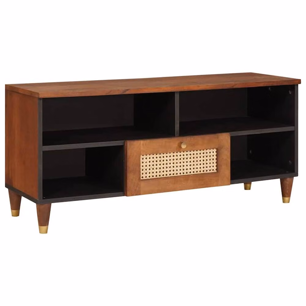 Berkfield Brown Mango Wood and Rattan Home Media Storage Cabinet with Hinged Doors and Open Shelves W/D/H: 100 x 46 x 33.5 cm – 2