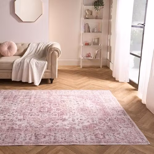 OHS Vintage Printed Washable Rectangular Rug in Pink, W/D: 120 x 170 cm – 1