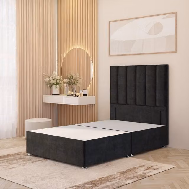 Somnior Beds Ltd Modern Upholstered Velvet Divan Bed Frame with Headboard and Drawers, Black, W/D/H: 90 x 190 x 34.5 cm
