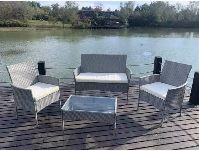 EONLION Grey 4-Piece Rattan Outdoor Garden Furniture Set with 2-Seater Sofa, Coffee Table and Cushions, Width: 100 cm