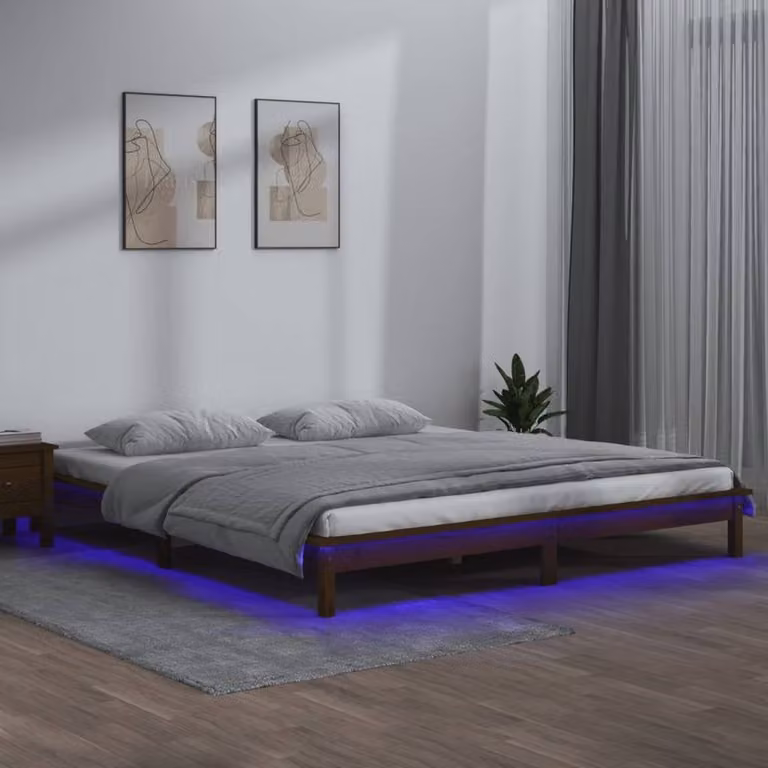 Berkfield Home Small Double Solid Wood LED Bed Frame in Honey Brown with USB Charging Port and Under-bed Lighting, W/D/H: 120 x 190 cm