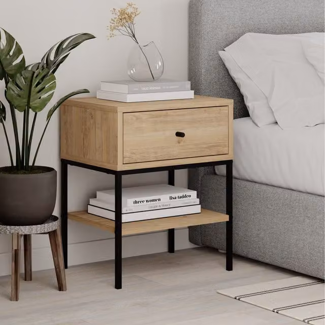 Decortie Lisa Bedside Table with 1 Drawer and Open Shelf in Oak and Black